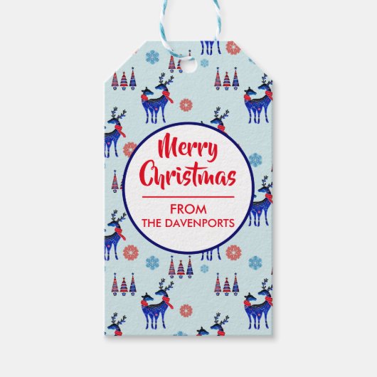 Rentiere, Weihnachtsbäume und Schneeflocken-Muster Geschenkanhänger (Vorderseite)