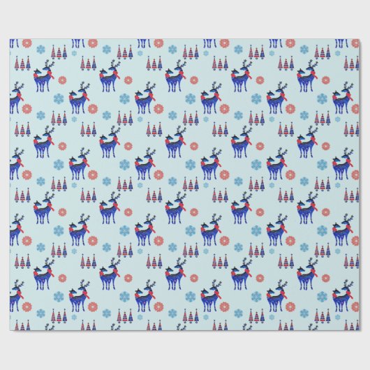 Rentiere, Weihnachtsbäume und Schneeflocken-Muster Geschenkpapier (Flach)