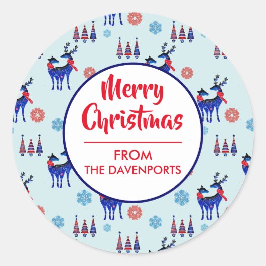Rentiere, Weihnachtsbäume und Schneeflocken-Muster Runder Aufkleber (Vorderseite)