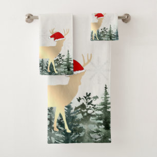 Rentiere, Weihnachtsmannmütze, Schneeflocken, Wald Badhandtuch Set