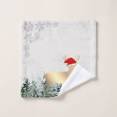 Rentiere, Weihnachtsmannmütze, Schneeflocken, Wald Badhandtuch Set (Waschlappen)