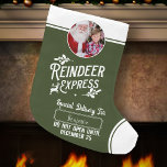 RentierExpress von Santa Name & Foto Green Großer Weihnachtsstrumpf<br><div class="desc">Fügen Sie Ihrem kleinen Geschenk vom Weihnachtsmann eine besondere magische Touch mit einem maßgeschneiderten,  grünen und weißen Strumpf von Rentierexpress hinzu! Dieses personalisierte Weihnachtsdesign bietet auch die Möglichkeit,  den Namen Ihres Kindes und auch eines Fotos hinzuzufügen.</div>