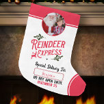 RentierExpress von Santa Name & Foto Großer Weihnachtsstrumpf<br><div class="desc">Fügen Sie Ihrem kleinen Geschenk vom Weihnachtsmann eine magische Touch mit einem individuellen Strumpf aus Rentierexpress in Rot,  Grün und Weiß hinzu! Dieses personalisierte Weihnachtsdesign bietet auch die Möglichkeit,  den Namen Ihres Kindes und auch eines Fotos hinzuzufügen.</div>