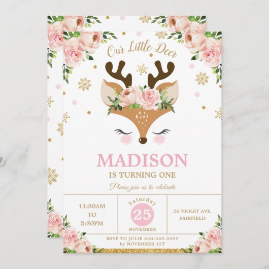 Rentierflora-Schneeflocken Winter Geburtstagsparty Einladung (Vorne/Hinten)