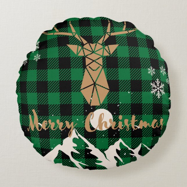 Rentiergrün Karierter Weihnachtsbaum Kissen (Vorderseite)