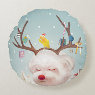 Rentierhund mit Weihnachtsschmuck Rundes Kissen