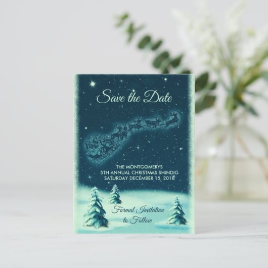 Rentiers Pulling Santa Claus Xmas Save the Date Postkarte (Stehend Vorderseite)