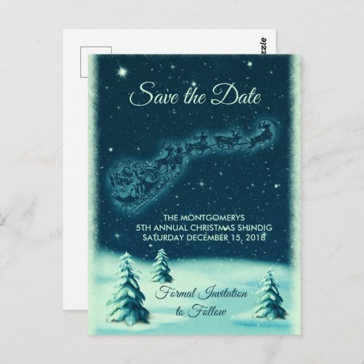 Rentiers Pulling Santa Claus Xmas Save the Date Postkarte (Vorne/Hinten)