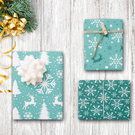 Rentierschneeflocken Weihnachtsbäume Aquamarines M Geschenkpapier Set