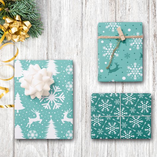 Rentierschneeflocken Weihnachtsbäume Aquamarines M Geschenkpapier Set