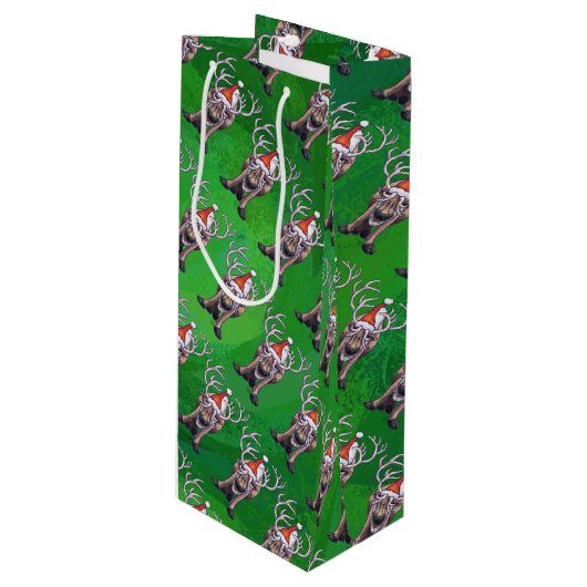 Rentierweihnachtsfest auf Green Geschenktüte Für Weinflaschen (Vorderseite Schrägansicht)