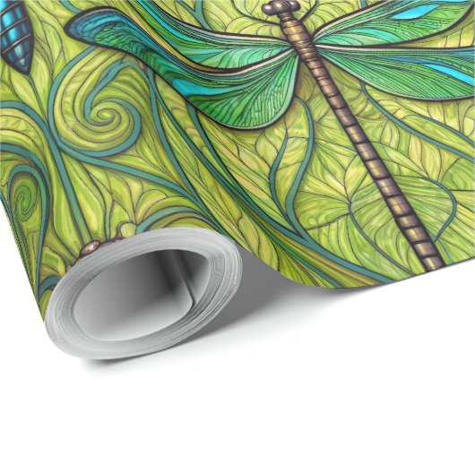 Repeating dragonfly pattern on green  geschenkpapier (Rolleneckpunkt)