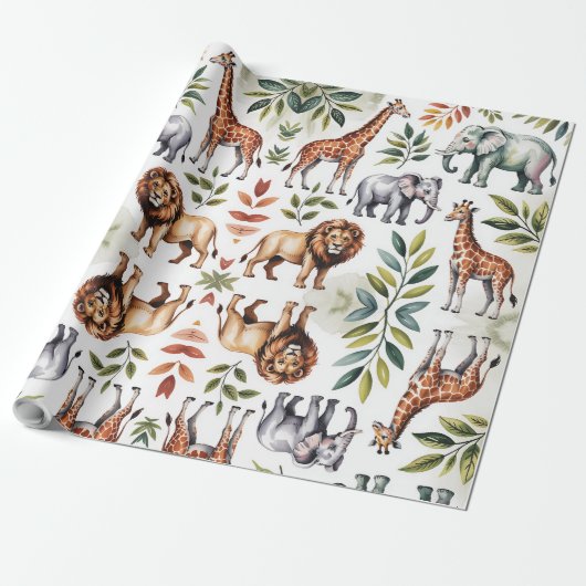 Repeating pattern of lions, giraffes, and elephant geschenkpapier (Ungerollt)