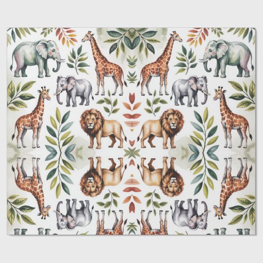Repeating pattern of lions, giraffes, and elephant geschenkpapier (Flach)