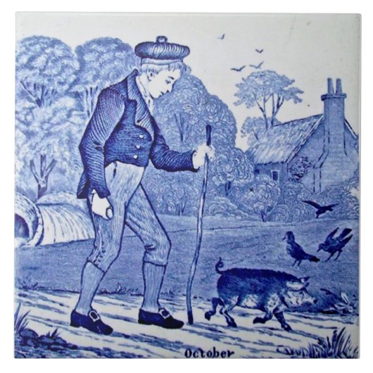 Repro 1879 Wedgwood Blue Calendar Series Oktober Fliese (Vorderseite)