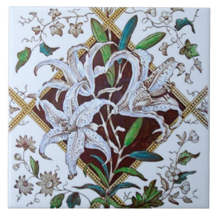 Repro 1880s Viktorianisch Lilies Transferware Tile Fliese