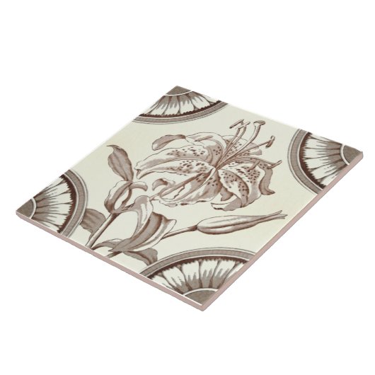Repro 1885 Viktorianisch Sepia Lily Transferware Fliese (Seite)