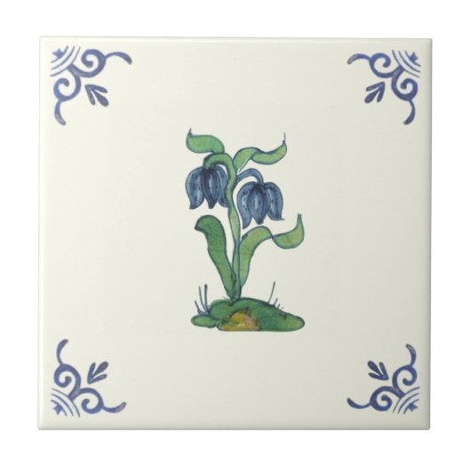 Repro Antique Blue Tulips Handgemalt Delft Fliese (Vorderseite)