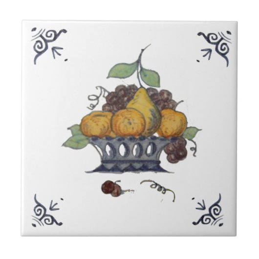 Repro Antique Delft Fruit Basket auf weißem Tile Fliese (Vorderseite)