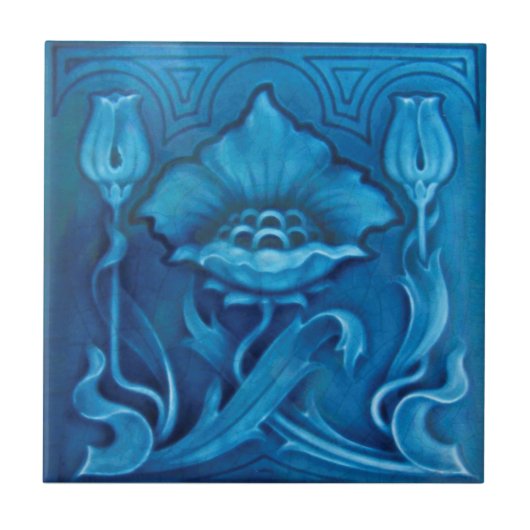 Repro Art Noveau Cerulean Blue Floral Majolica Fliese (Vorderseite)