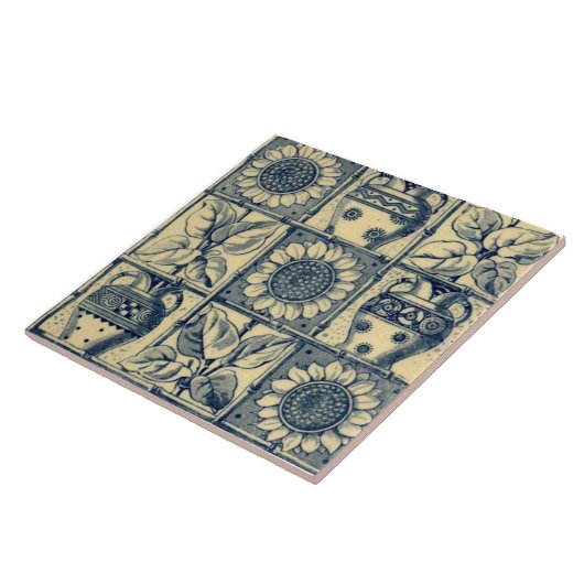 Repro Blue & Buff Sonnenblumen Urns Bamboo Trellis Fliese (Seite)