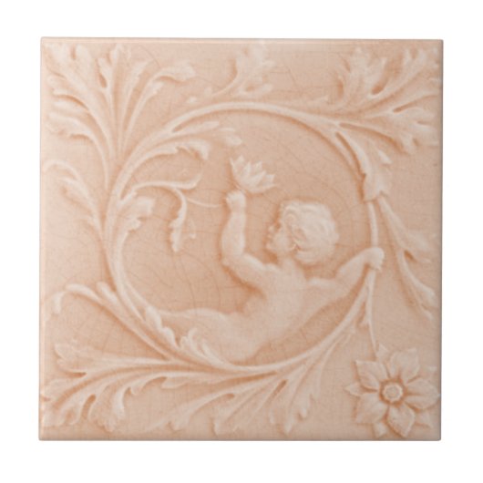 Repro c1880 Minton Imitats Relief Cherub Peach Pin Fliese (Vorderseite)