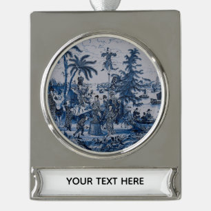 Repro Chinoiserie Delft Blau-Weiß-Fliese Banner-Ornament Silber