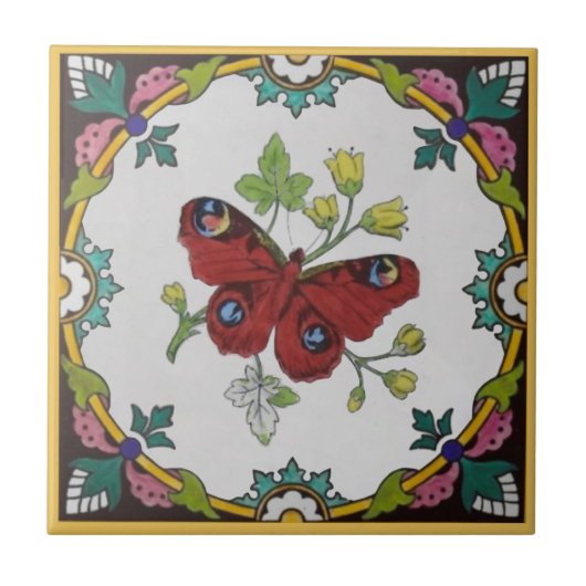 Repro Colorful 1870s Minton Peacock Butterfly Fliese (Vorderseite)