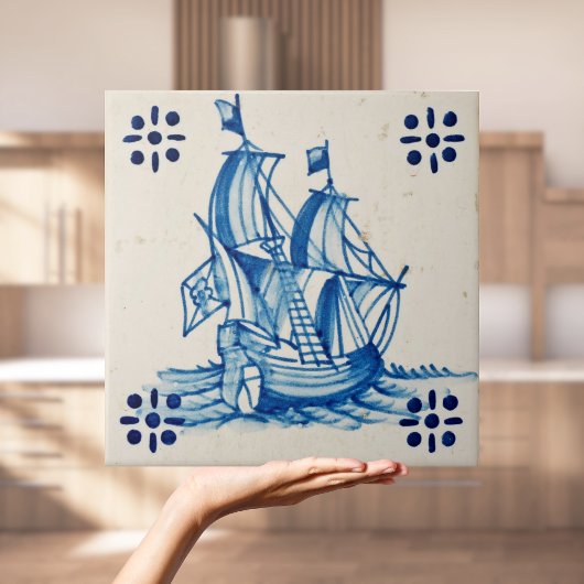 Repro Deftware Sail Ship Blue Delft Tile Fliese