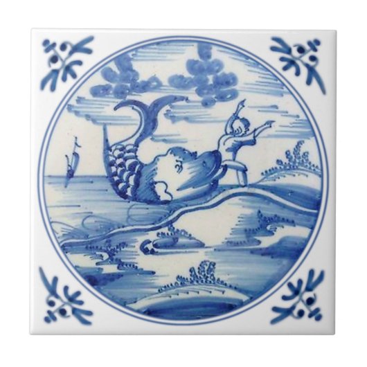 Repro Delft Bibellical Jonah und der Wal 1700er Fliese (Vorderseite)