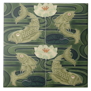 Repro Deutsche Kunst Neu Jugendstil Teich Fisch Fliese