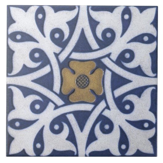 Repro Gothic Quatrefolie Tile in Blau, Gold und We Fliese (Vorderseite)