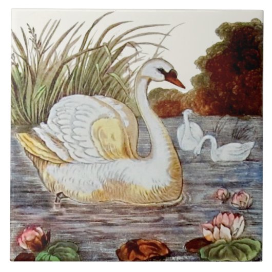 Repro handfarbene Viktorianische Swan Transferware Fliese (Vorderseite)