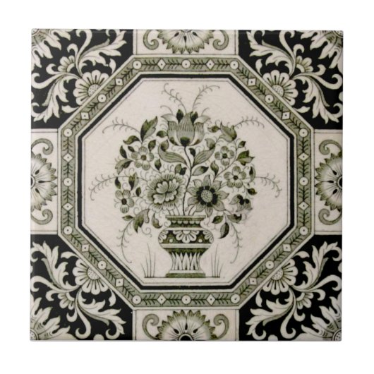 Repro Minton Black and Creme Aesthetic Floral Prin Fliese (Vorderseite)