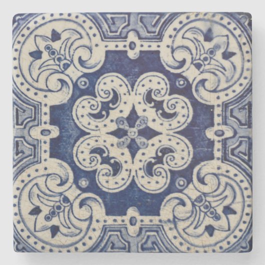 Repro Portugiesisch Blue Geometric Azulejos Floral Steinuntersetzer (Vorderseite)