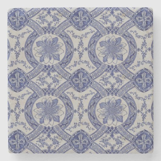Repro Portugiesisch Blue Geometric Azulejos Floral Steinuntersetzer (Vorderseite)
