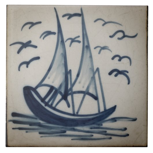 Repro Software Schiff Segelboot Blau Delft Fliese (Vorderseite)