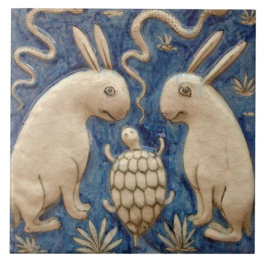 Repro Spanish Animal Rabbit Tortoise Blue Tile Fliese (Vorderseite)