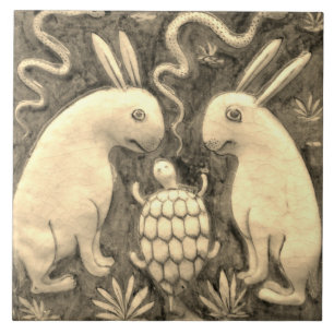 Repro Spanish Animal Rabbit Tortoise Sepia Tile Fliese