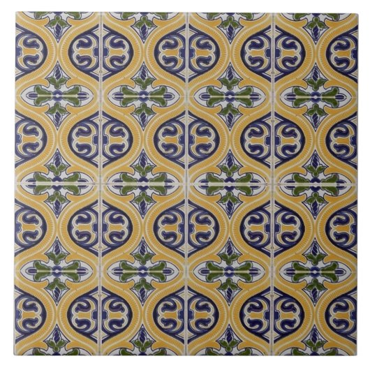 Repro Spanish Geometric Azulejos Blue Yellow Tile Fliese (Vorderseite)