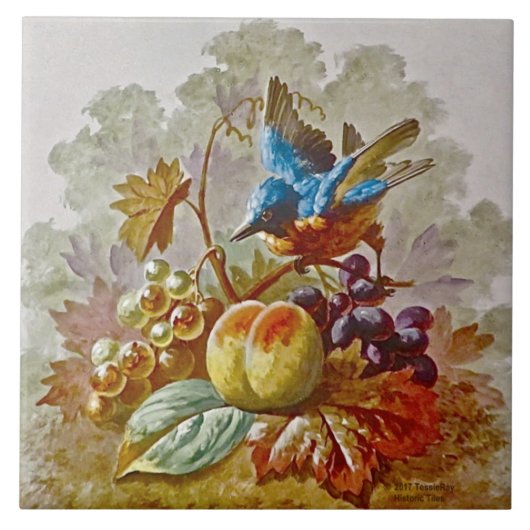 Repro Viktorianisch handbemalt Bird & Fruit Tile # Fliese (Vorderseite)