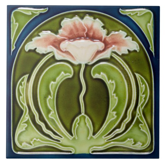 Reproduction Art Nouveau Pink Poppe auf grünem Til Fliese (Vorderseite)