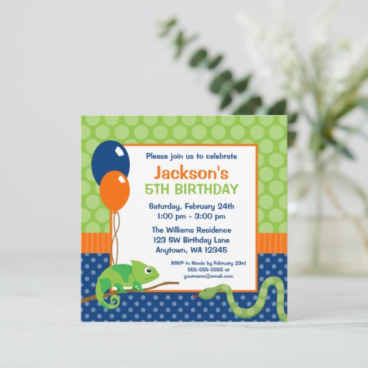 Reptile Polka Dot Kindergeburtstag Einladung (Stehend Vorderseite)