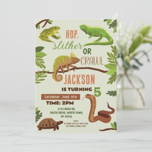 Reptiles Snake Birthday Party Lizard Frogs Iguana Einladung (Stehend Vorderseite)