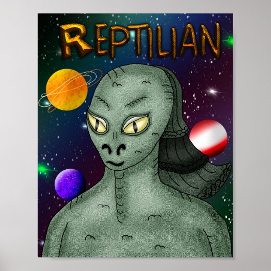 Reptilische Alien mit dem Hintergrund des Weltraum Poster (Vorne)