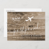 Rescheduldsstrand Wedding Rustic Wood Board Ankündigungspostkarte (Vorne/Hinten)