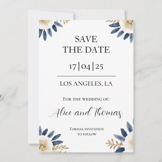Reserva La Fecha Boda Spring Floral Blue Gold Save The Date (Vorderseite)