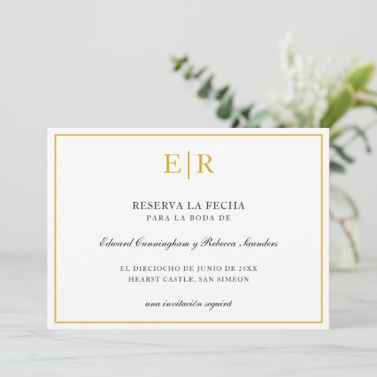 Reserva La Fecha Elegant Gold Monogram formell Save The Date (Stehend Vorderseite)