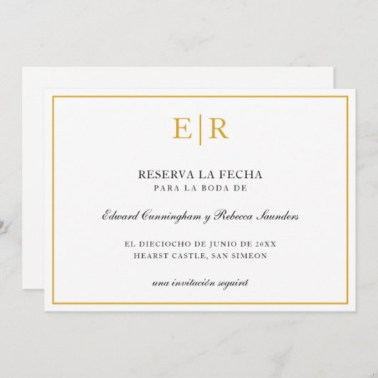 Reserva La Fecha Elegant Gold Monogram formell Save The Date (Vorne/Hinten)