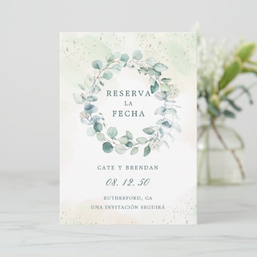 Reserva La Fecha Eucalyptus Greenery Spanisch Save The Date (Stehend Vorderseite)